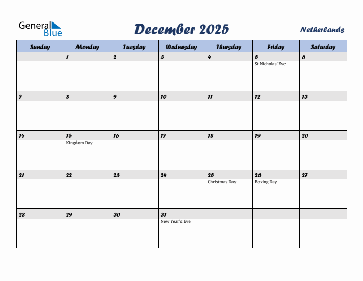 December 2025 Calendar with Holidays in The Netherlands