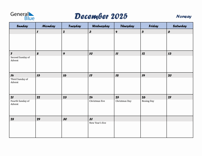 December 2025 Calendar with Holidays in Norway