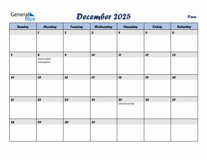 December 2025 Calendar with Holidays in Peru