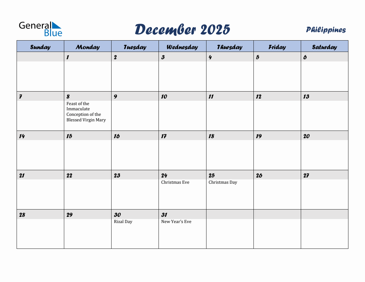 December 2025 Monthly Calendar Template with Holidays for Philippines