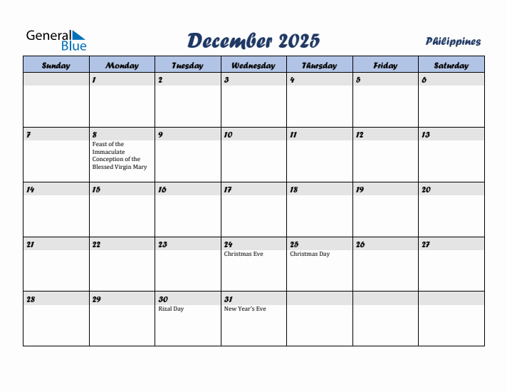 December 2025 Calendar with Holidays in Philippines