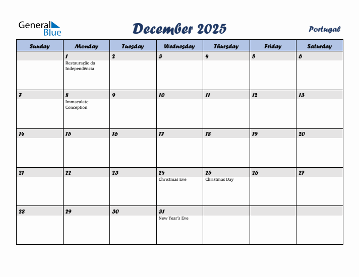 December 2025 Calendar with Holidays in Portugal