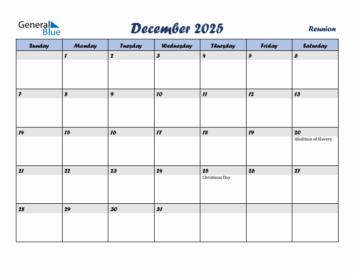 December 2025 Calendar with Holidays in Reunion