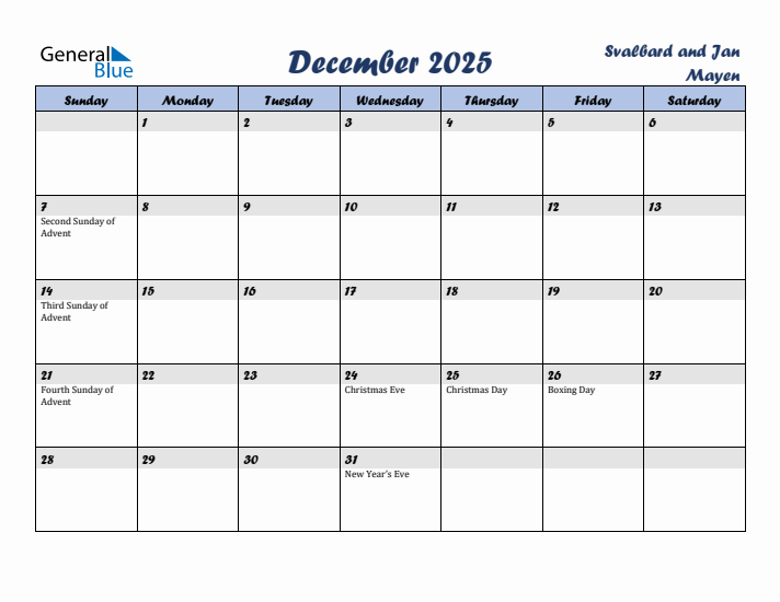 December 2025 Calendar with Holidays in Svalbard and Jan Mayen