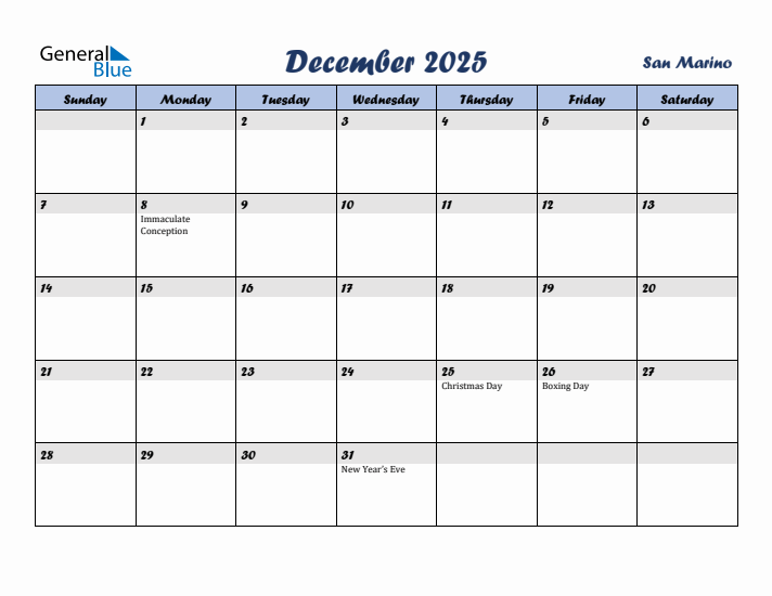 December 2025 Calendar with Holidays in San Marino