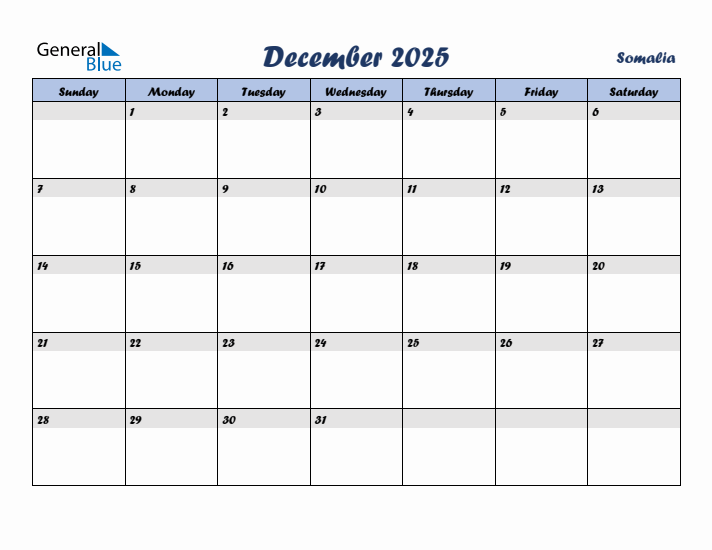 December 2025 Calendar with Holidays in Somalia
