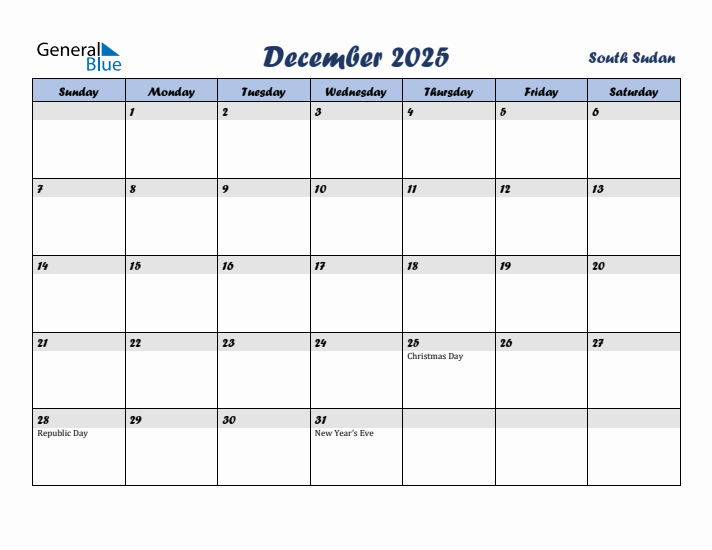 December 2025 Calendar with Holidays in South Sudan