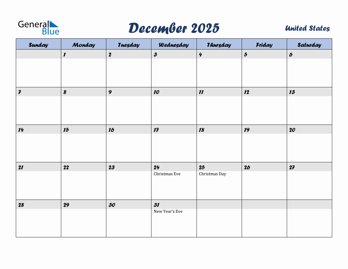 December 2025 Monthly Calendar Template with Holidays for United States