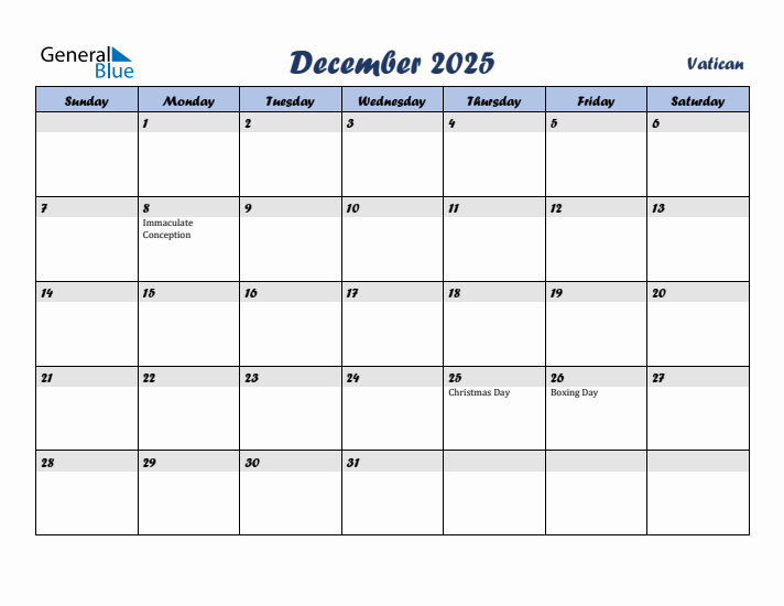 December 2025 Calendar with Holidays in Vatican