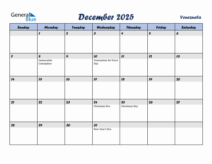 December 2025 Calendar with Holidays in Venezuela