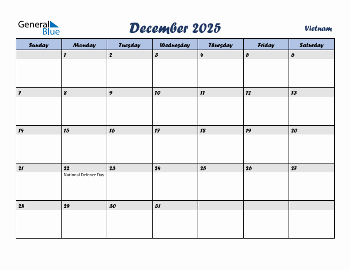 December 2025 Calendar with Holidays in Vietnam