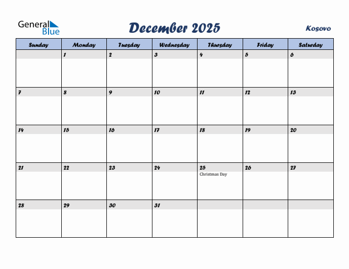 December 2025 Calendar with Holidays in Kosovo