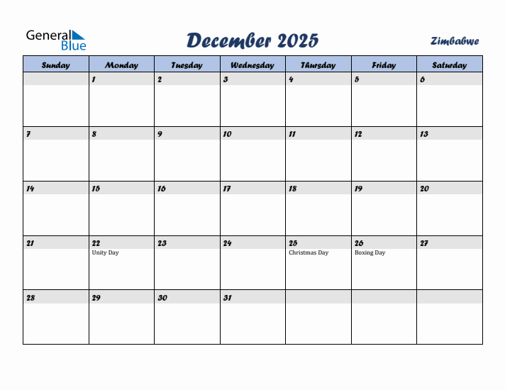 December 2025 Calendar with Holidays in Zimbabwe