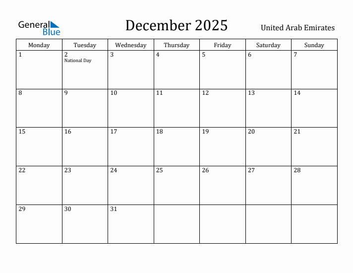 December 2025 Calendar United Arab Emirates