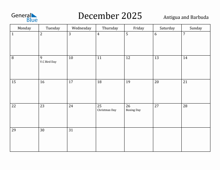December 2025 Calendar Antigua and Barbuda