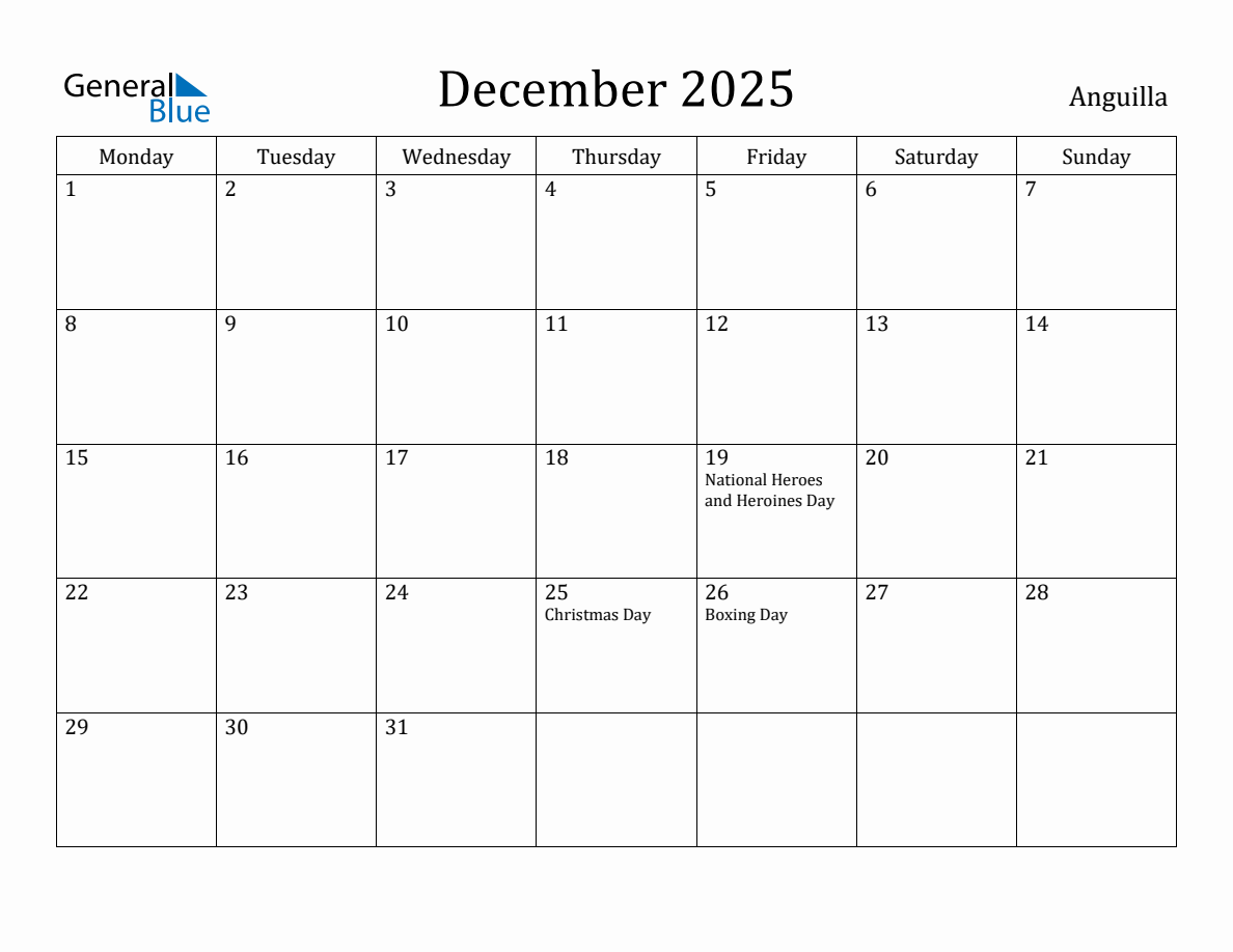 December 2025 Anguilla Monthly Calendar with Holidays