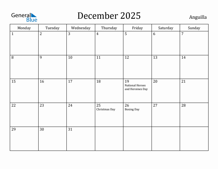 December 2025 Calendar Anguilla