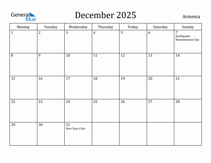 December 2025 Calendar Armenia