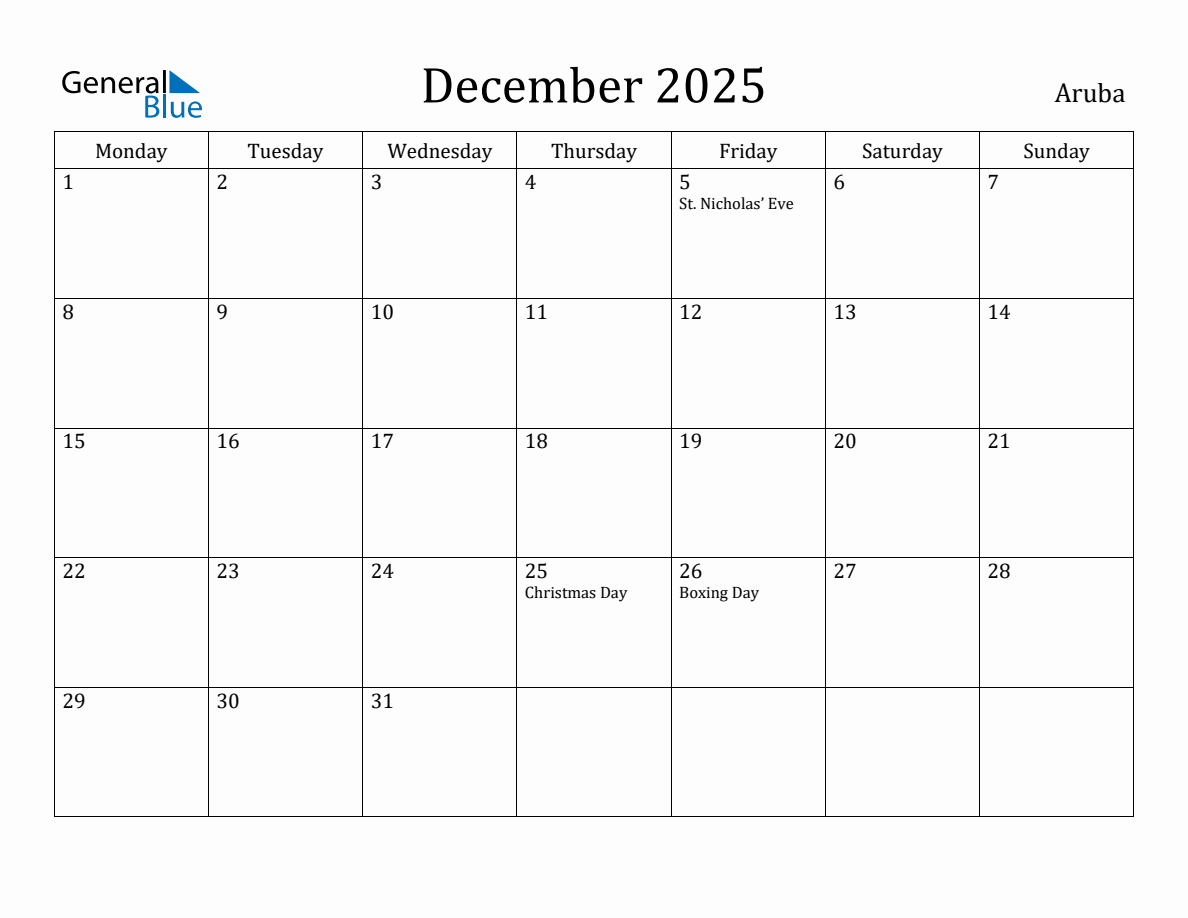 December 2025 Aruba Monthly Calendar with Holidays