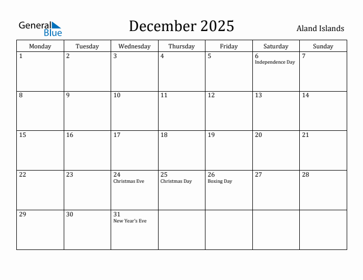 December 2025 Calendar Aland Islands