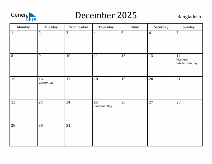 December 2025 Calendar Bangladesh