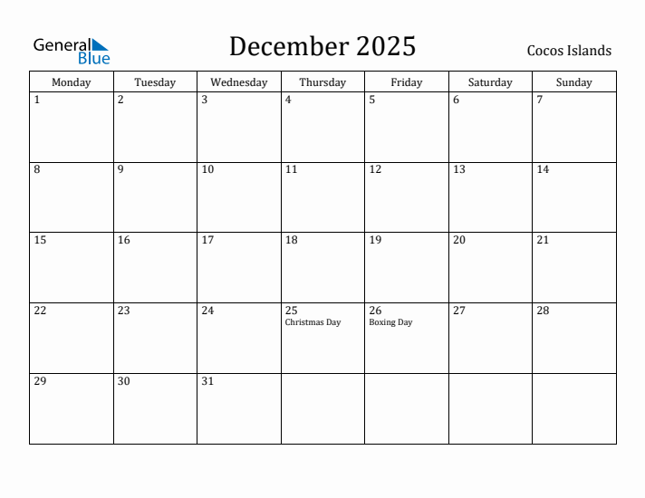 December 2025 Calendar Cocos Islands
