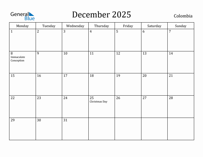December 2025 Calendar Colombia