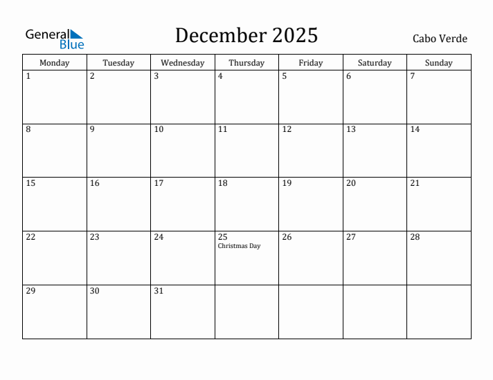 December 2025 Calendar Cabo Verde