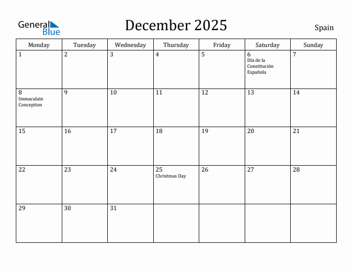 December 2025 Calendar Spain