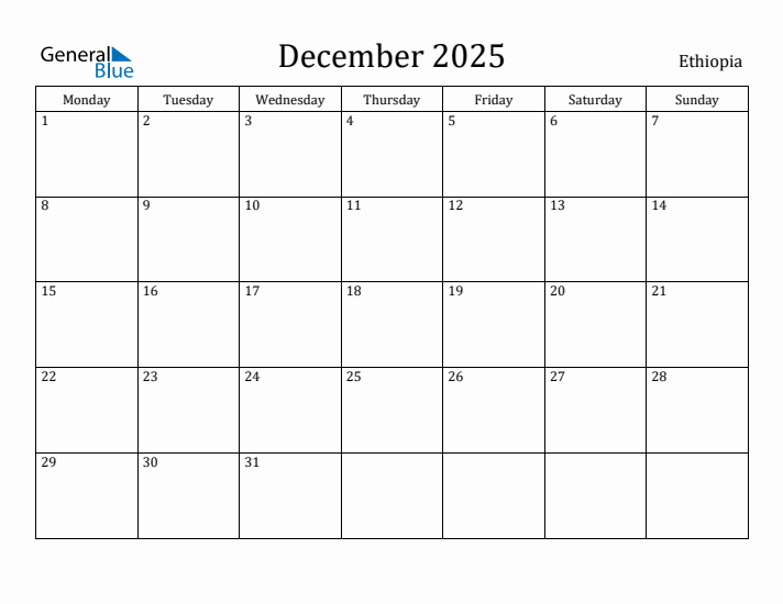 December 2025 Calendar Ethiopia