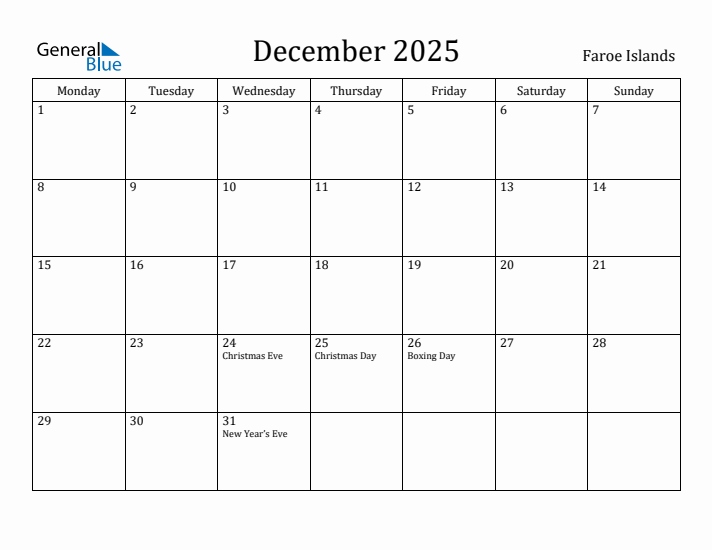 December 2025 Calendar Faroe Islands