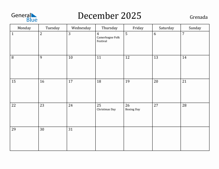 December 2025 Calendar Grenada