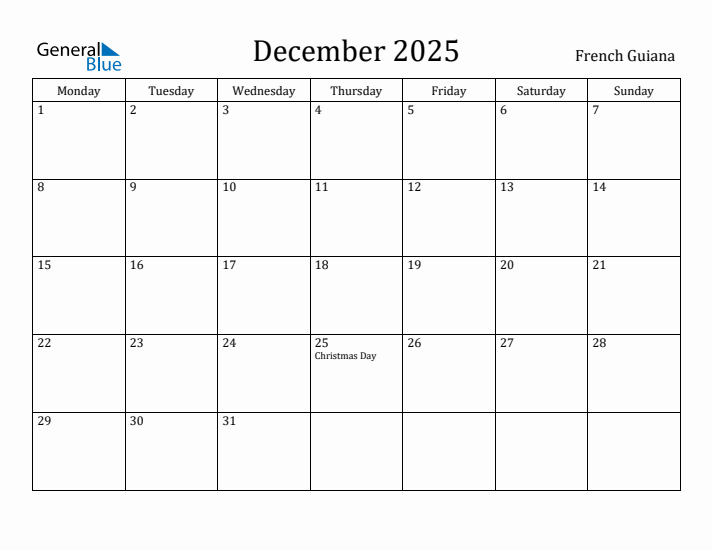 December 2025 Calendar French Guiana