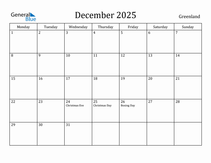 December 2025 Calendar Greenland