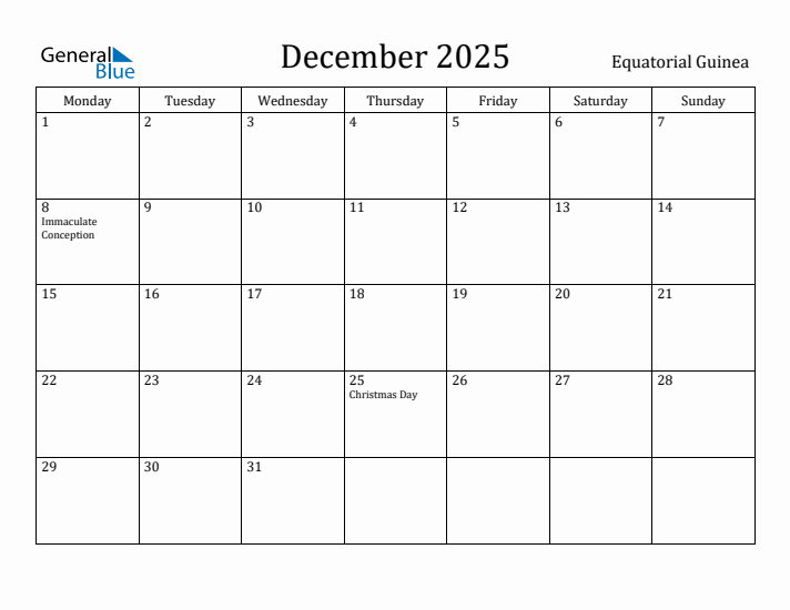 December 2025 Calendar Equatorial Guinea