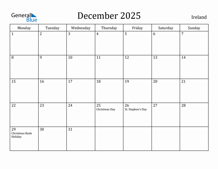 December 2025 Ireland Monthly Calendar with Holidays