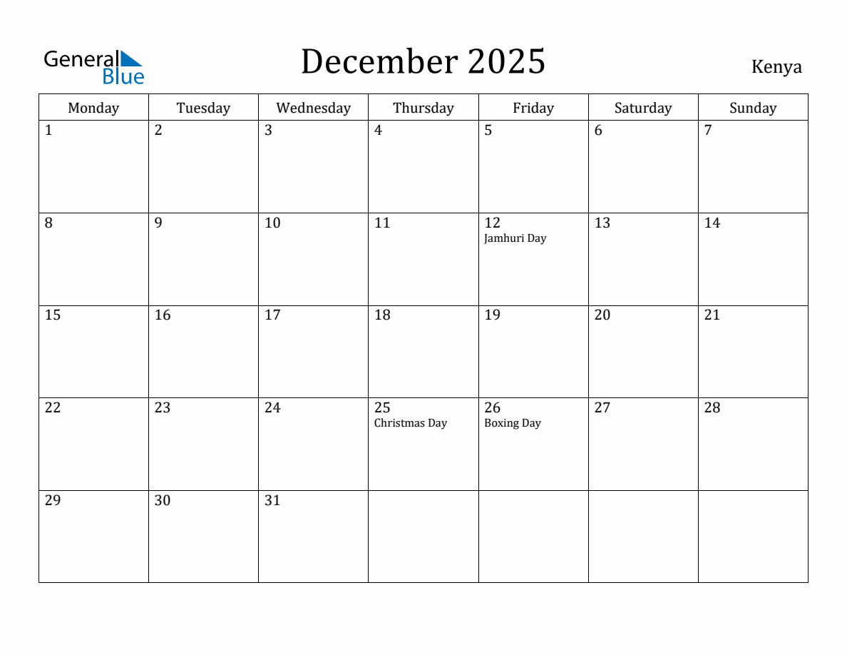 December 2025 Kenya Monthly Calendar with Holidays