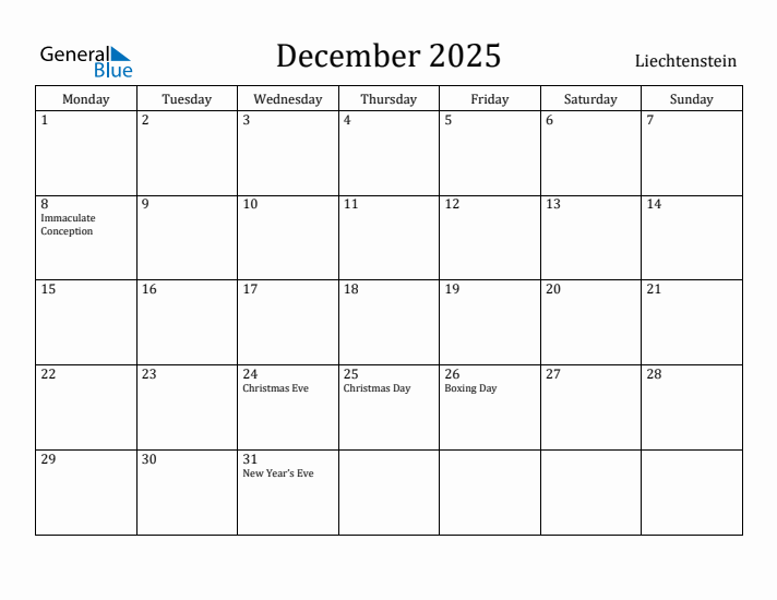 December 2025 Calendar Liechtenstein