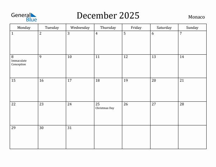 December 2025 Calendar Monaco