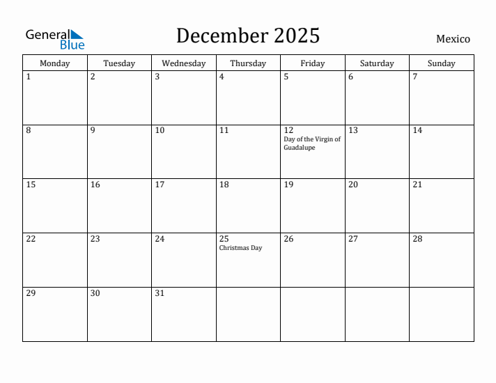 December 2025 Calendar Mexico