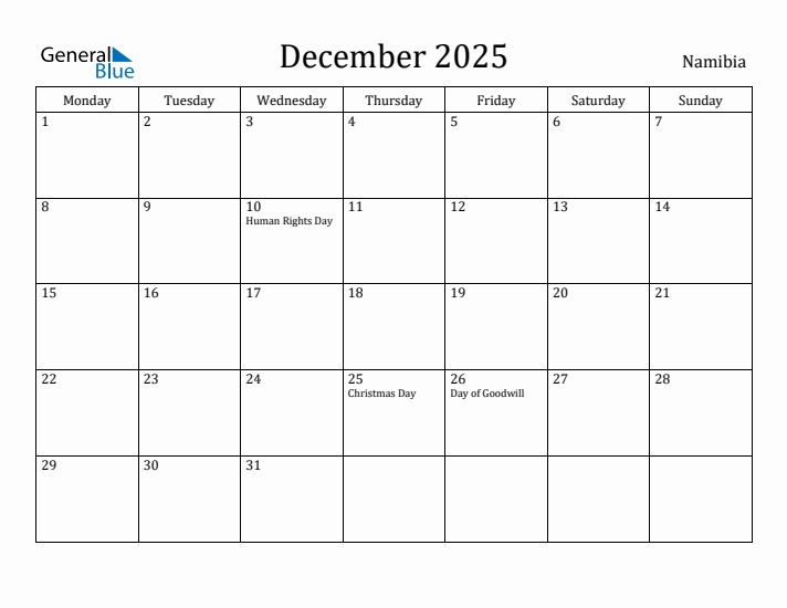 December 2025 Calendar Namibia