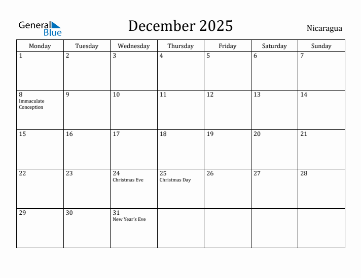 December 2025 Calendar Nicaragua