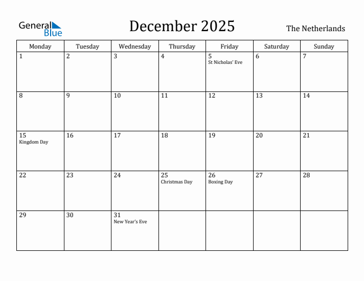 December 2025 Calendar The Netherlands