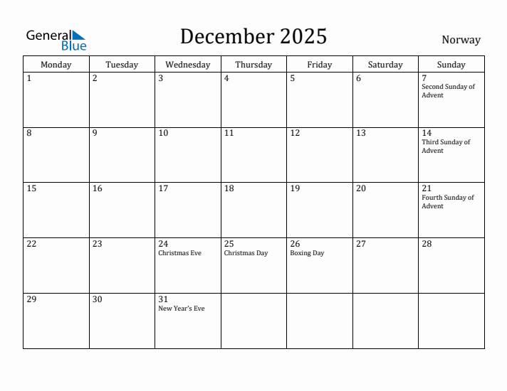 December 2025 Calendar Norway