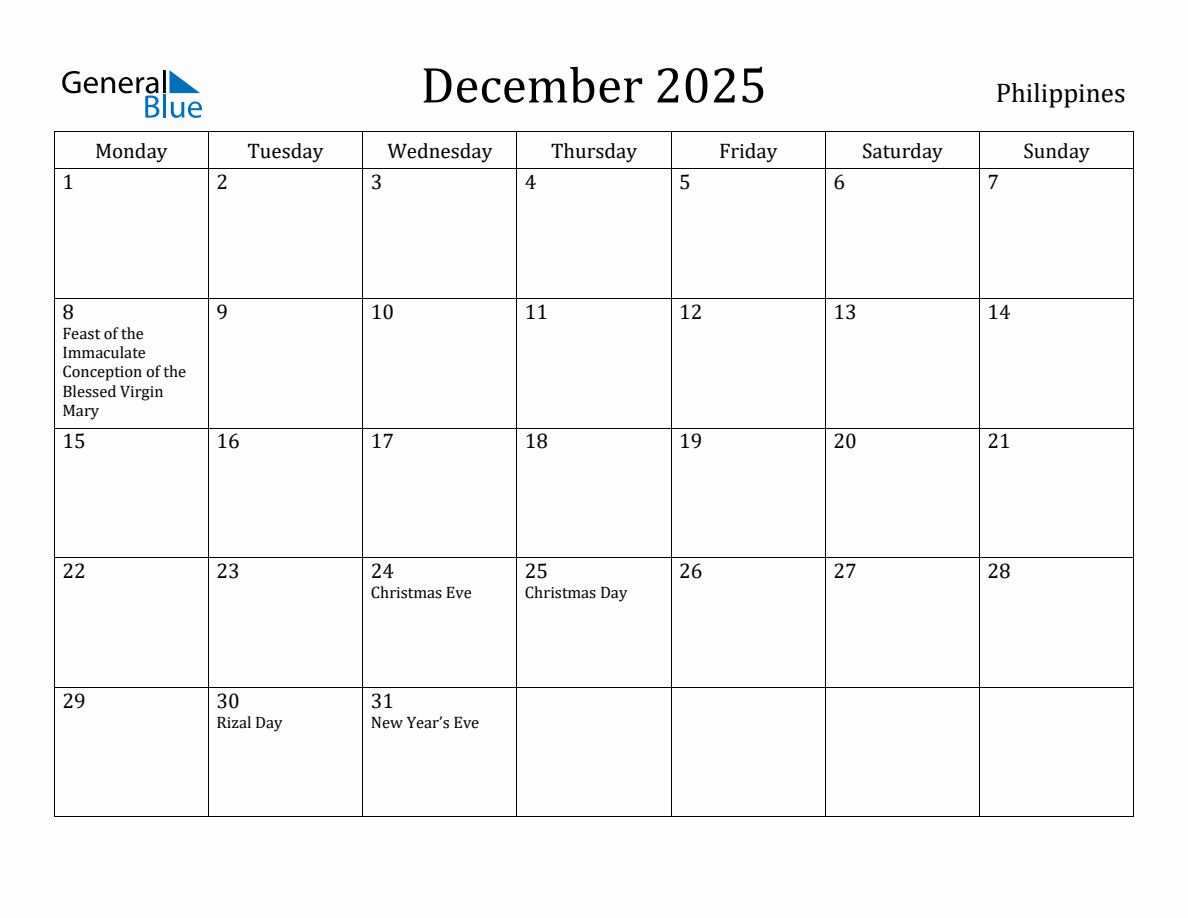 December 2025 Philippines Monthly Calendar with Holidays