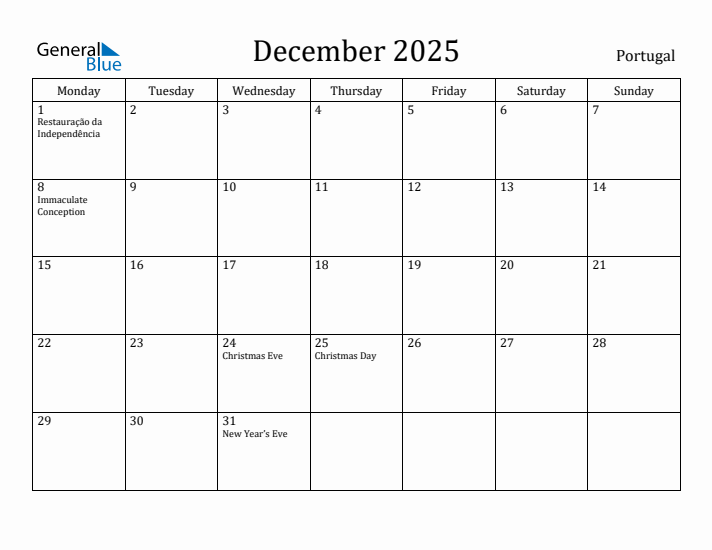 December 2025 Calendar Portugal