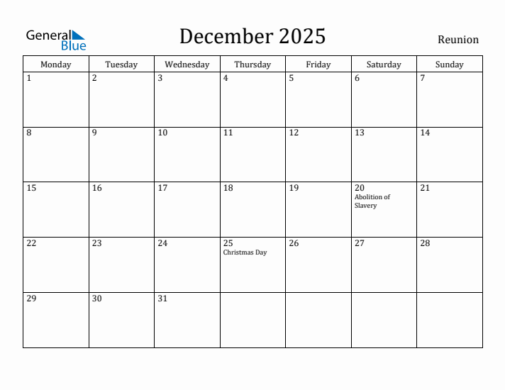 December 2025 Calendar Reunion