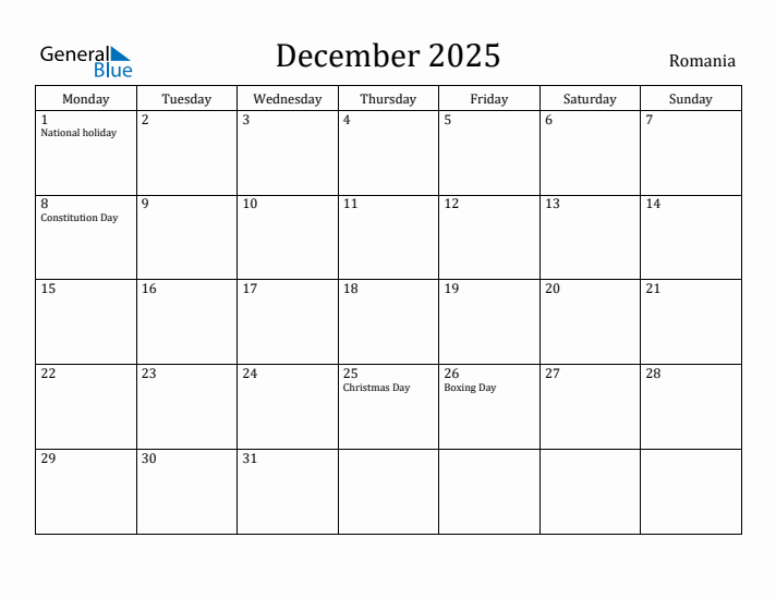 December 2025 Calendar Romania