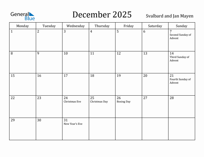 December 2025 Calendar Svalbard and Jan Mayen