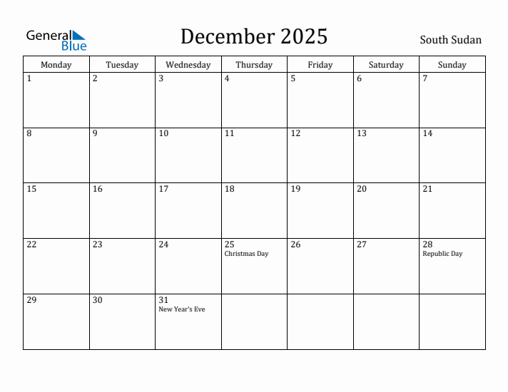 December 2025 Calendar South Sudan